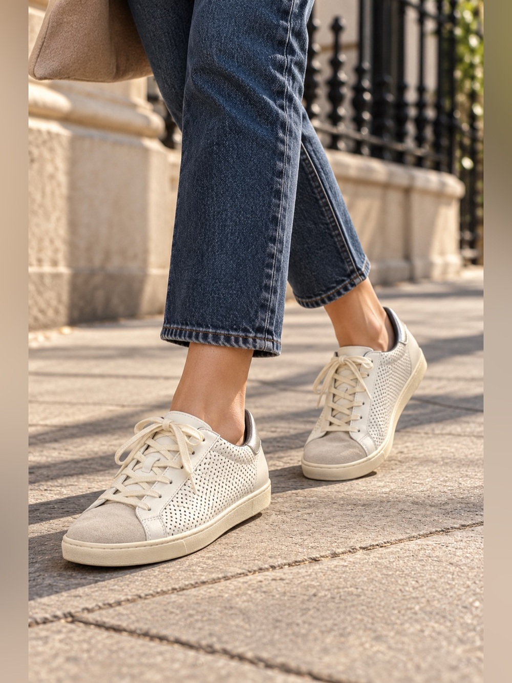 P448 White Perforated Leather Sneakers Gray Suede Toe Silver Heel 37